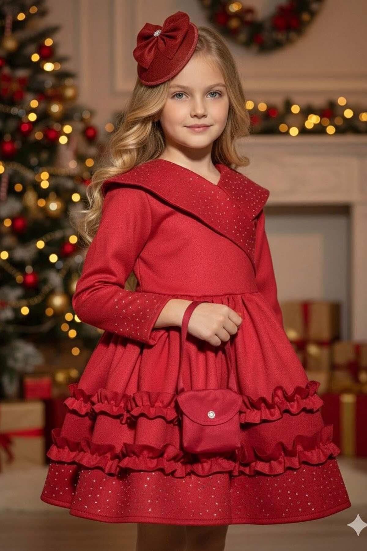 Kız Çocuk Kruvaze Yaka ve Taş İşlemeli Eteği Fırfır Detaylı Kırmızı Süet Abiye