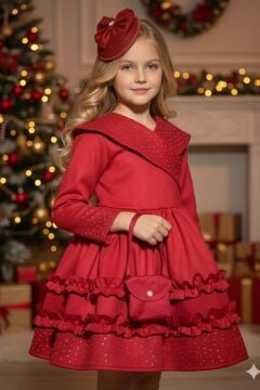 Kız Çocuk Kruvaze Yaka ve Taş İşlemeli Eteği Fırfır Detaylı Kırmızı Süet Abiye