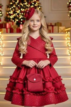 Kız Çocuk Kruvaze Yaka ve Taş İşlemeli Eteği Fırfır Detaylı Kırmızı Süet Abiye