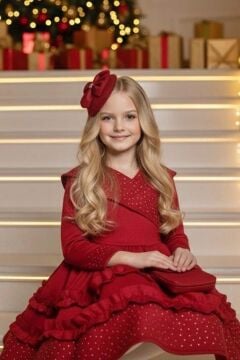 Kız Çocuk Kruvaze Yaka ve Taş İşlemeli Eteği Fırfır Detaylı Kırmızı Süet Abiye