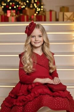 Kız Çocuk Kruvaze Yaka ve Taş İşlemeli Eteği Fırfır Detaylı Kırmızı Süet Abiye