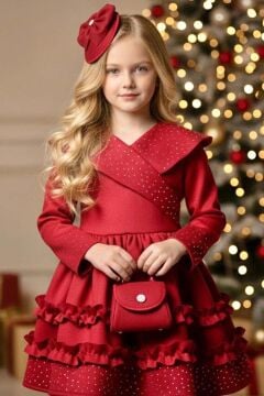 Kız Çocuk Kruvaze Yaka ve Taş İşlemeli Eteği Fırfır Detaylı Kırmızı Süet Abiye