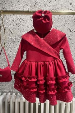 Kız Çocuk Kruvaze Yaka ve Taş İşlemeli Eteği Fırfır Detaylı Kırmızı Süet Abiye