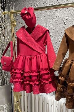 Kız Çocuk Kruvaze Yaka ve Taş İşlemeli Eteği Fırfır Detaylı Kırmızı Süet Abiye