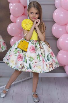 Kız Çocuk Tek Omuz Gül Broşlu Eteği Kabarık Çiçek Desenli Sarı Abiye