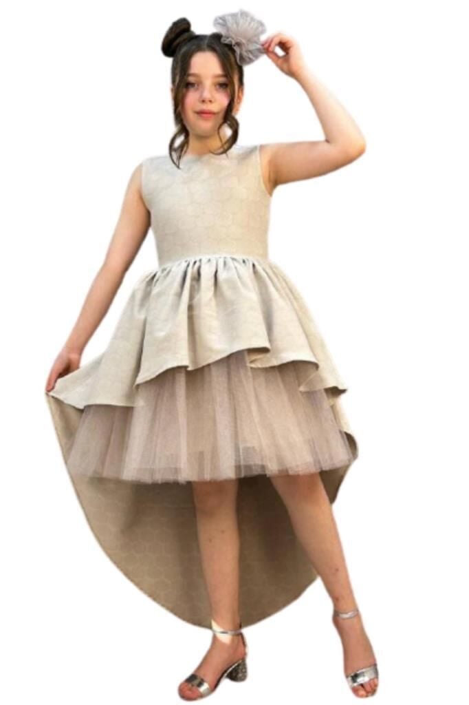 Kız Çocuk Önü Kısa Tül Detaylı Arkası Uzun Kurdela Detaylı Krem Abiye 6-9 Yaş