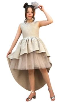 Kız Çocuk Önü Kısa Tül Detaylı Arkası Uzun Kurdela Detaylı Krem Abiye 6-9 Yaş