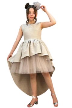 Kız Çocuk Önü Kısa Tül Detaylı Arkası Uzun Kurdela Detaylı Krem Abiye 6-9 Yaş