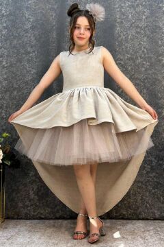 Kız Çocuk Önü Kısa Tül Detaylı Arkası Uzun Kurdela Detaylı Krem Abiye 6-9 Yaş