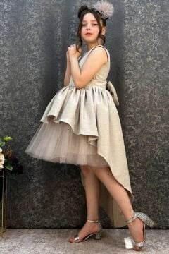 Kız Çocuk Önü Kısa Tül Detaylı Arkası Uzun Kurdela Detaylı Krem Abiye 6-9 Yaş