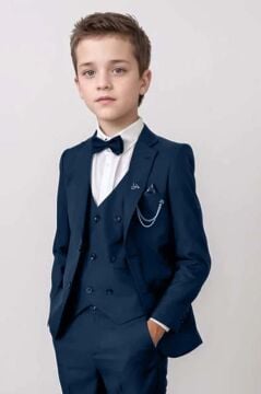 Erkek Çocuk Blazer Ceketli, Cepken Yelekli Lacivert Takım Elbise 10-16 Yaş