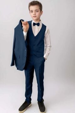 Erkek Çocuk Blazer Ceketli, Cepken Yelekli Lacivert Takım Elbise 10-16 Yaş