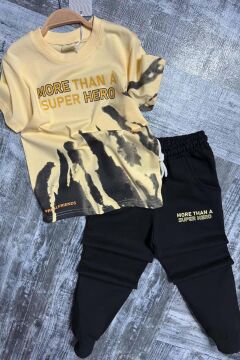 Erkek Çocuk More Than Yazı ve Eskitme Yazı Baskı Detaylı T-Shirt Sarı Eşofman Takım