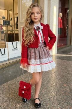 Kız Çocuk Kol Uçları Tüylü Kırmızı Şanel Ceket Etek Ucu Dantel İşlemeli Ekose Elbise