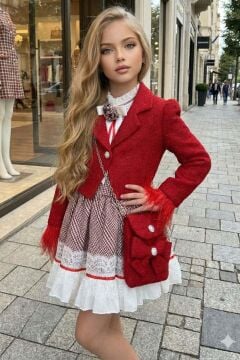 Kız Çocuk Kol Uçları Tüylü Kırmızı Şanel Ceket Etek Ucu Dantel İşlemeli Ekose Elbise