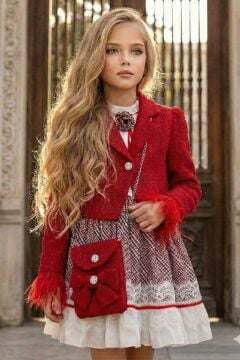 Kız Çocuk Kol Uçları Tüylü Kırmızı Şanel Ceket Etek Ucu Dantel İşlemeli Ekose Elbise