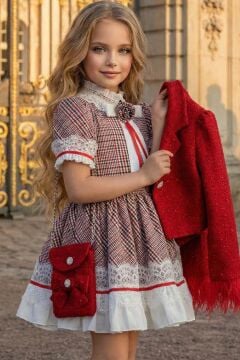 Kız Çocuk Kol Uçları Tüylü Kırmızı Şanel Ceket Etek Ucu Dantel İşlemeli Ekose Elbise