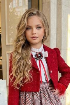 Kız Çocuk Kol Uçları Tüylü Kırmızı Şanel Ceket Etek Ucu Dantel İşlemeli Ekose Elbise