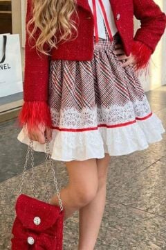 Kız Çocuk Kol Uçları Tüylü Kırmızı Şanel Ceket Etek Ucu Dantel İşlemeli Ekose Elbise