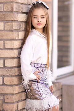 Kız Çocuk Kol Uçları ve Etek Uçu Kırçıllı Pulpaytet Detaylı Gümüş Etekli Takım