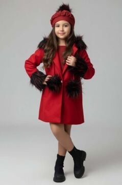 Kız Çocuk Kolları ve Kapüşonu Kürk Detaylı Ponpon Bereli Kırmızı Kaşe Kaban