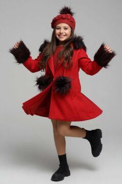 Kız Çocuk Kolları ve Kapüşonu Kürk Detaylı Ponpon Bereli Kırmızı Kaşe Kaban