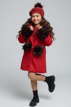 Kız Çocuk Kolları ve Kapüşonu Kürk Detaylı Ponpon Bereli Kırmızı Kaşe Kaban