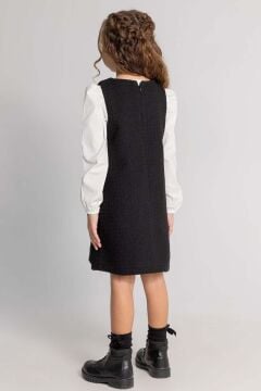 Kız Çocuk Uzun Kol Penye Tişört ve Önü Kurdele Detaylı İçi Astarlı Siyah Jile Elbise