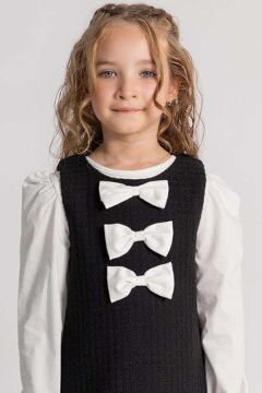 Kız Çocuk Uzun Kol Penye Tişört ve Önü Kurdele Detaylı İçi Astarlı Siyah Jile Elbise