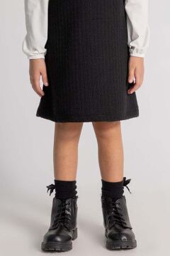 Kız Çocuk Uzun Kol Penye Tişört ve Önü Kurdele Detaylı İçi Astarlı Siyah Jile Elbise