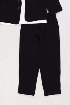 Erkek Çocuk Kruvaze Yaka Kesim Çift Cepli Keten Blazer Ceket Penye T-Shirt Siyah Keten Alt Üst Takı