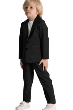Erkek Çocuk Kruvaze Yaka Kesim Çift Cepli Keten Blazer Ceket Penye T-Shirt Siyah Keten Alt Üst Takı