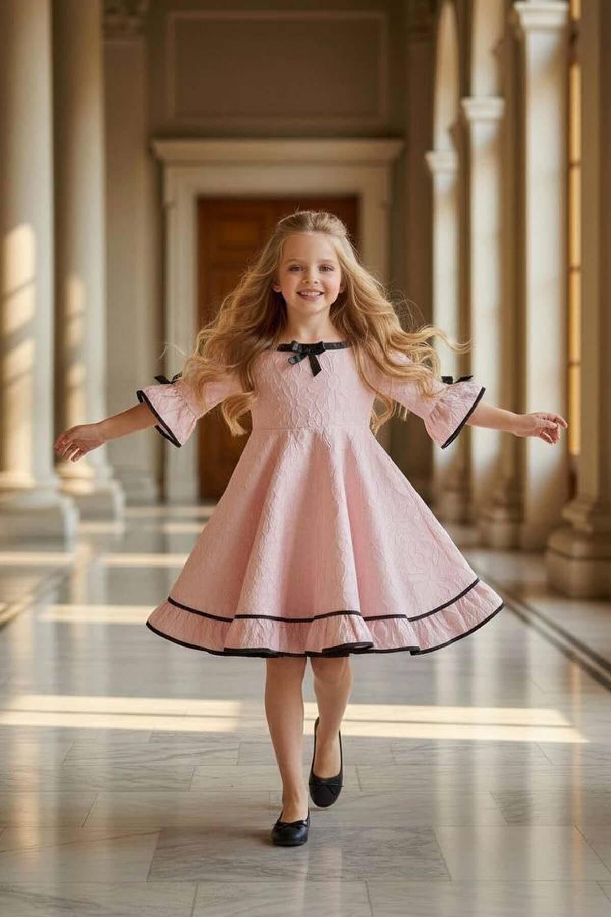 Kız Çocuk Kare Yaka Üzeri Kabartma Papatya Desenli Eteği Fırfırlı İspanyol Kol Pembe Elbise