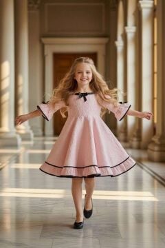 Kız Çocuk Kare Yaka Üzeri Kabartma Papatya Desenli Eteği Fırfırlı İspanyol Kol Pembe Elbise