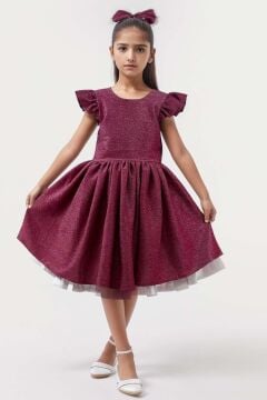 Kız Çocuk Omzu Fırfırlı Parıldayan Delica Mor Elbise