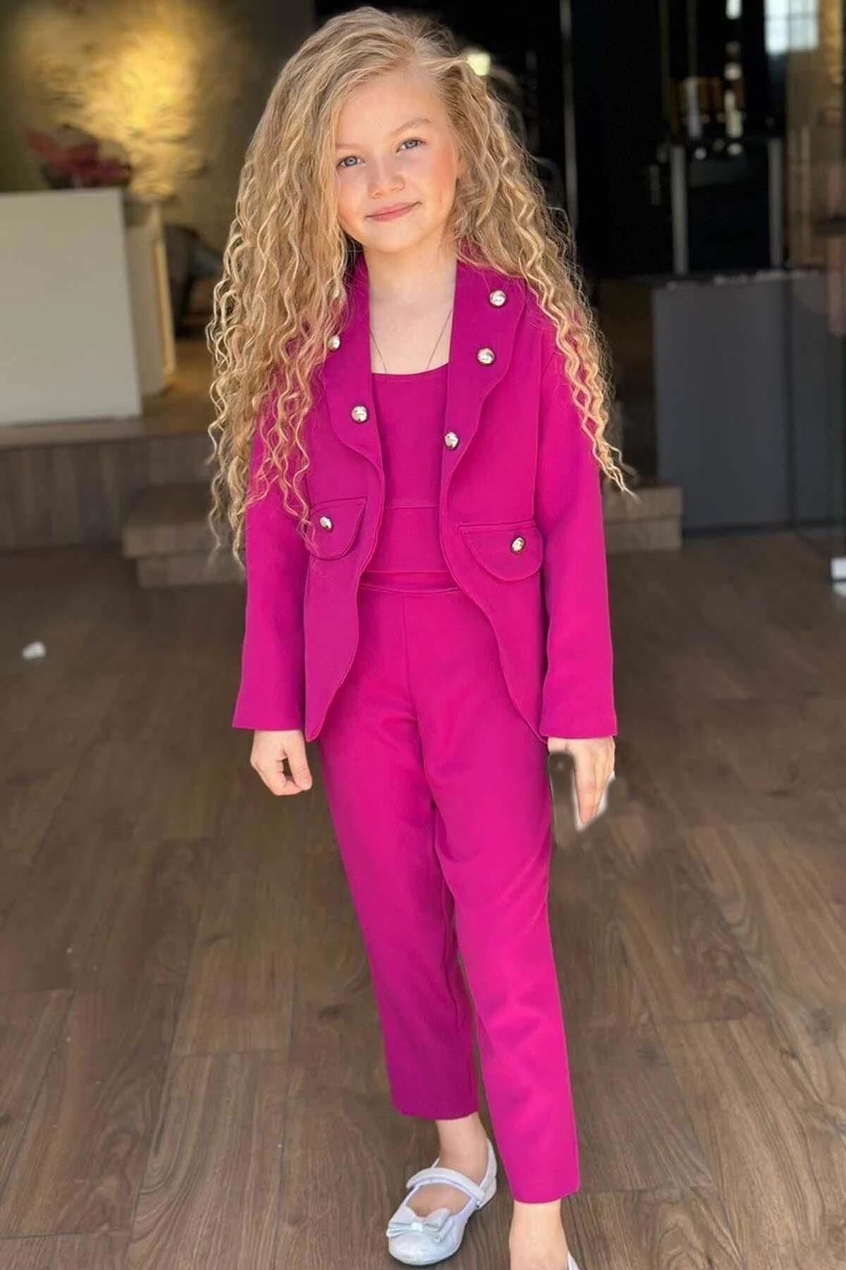 Kız Çocuk Gümüş Düğme Detaylı Blazer Ceket ve Mor Alt Üst Takım