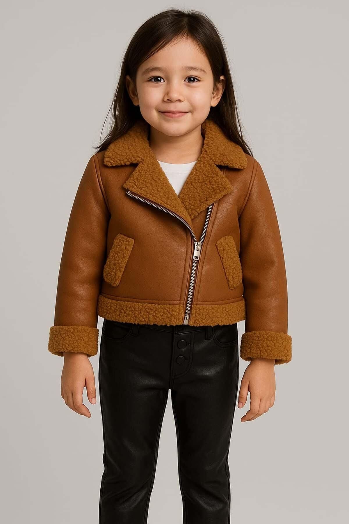 Kız Çocuk Kolları ve Yakası Peluş Detaylı Kahverengi Ceket Dik Yaka Kazak Deri Alt Üst Takım