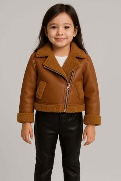 Kız Çocuk Kolları ve Yakası Peluş Detaylı Kahverengi Ceket Dik Yaka Kazak Deri Alt Üst Takım