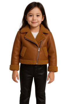 Kız Çocuk Kolları ve Yakası Peluş Detaylı Kahverengi Ceket Dik Yaka Kazak Deri Alt Üst Takım