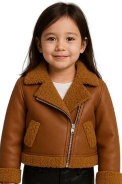 Kız Çocuk Kolları ve Yakası Peluş Detaylı Kahverengi Ceket Dik Yaka Kazak Deri Alt Üst Takım