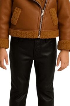 Kız Çocuk Kolları ve Yakası Peluş Detaylı Kahverengi Ceket Dik Yaka Kazak Deri Alt Üst Takım