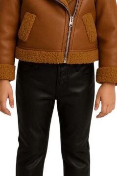 Kız Çocuk Kolları ve Yakası Peluş Detaylı Kahverengi Ceket Dik Yaka Kazak Deri Alt Üst Takım