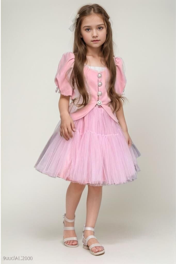 Kız Çocuk Karpuz Kol Düğme Detaylı Ceket Kat Kat Tül Pembe Etekli Takım