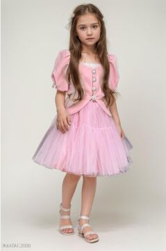 Kız Çocuk Karpuz Kol Düğme Detaylı Ceket Kat Kat Tül Pembe Etekli Takım