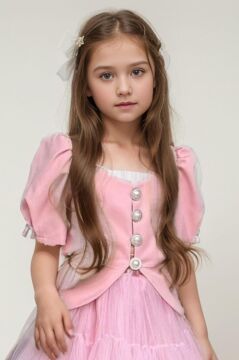 Kız Çocuk Karpuz Kol Düğme Detaylı Ceket Kat Kat Tül Pembe Etekli Takım