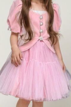 Kız Çocuk Karpuz Kol Düğme Detaylı Ceket Kat Kat Tül Pembe Etekli Takım