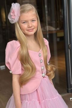 Kız Çocuk Karpuz Kol Düğme Detaylı Ceket Kat Kat Tül Pembe Etekli Takım