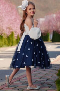 Kız Çocuk Tek Omuzlu Puantiye Detaylı Lacivert Abiye
