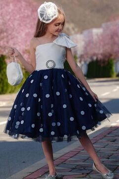 Kız Çocuk Tek Omuzlu Puantiye Detaylı Lacivert Abiye