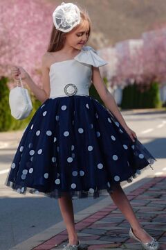 Kız Çocuk Tek Omuzlu Puantiye Detaylı Lacivert Abiye